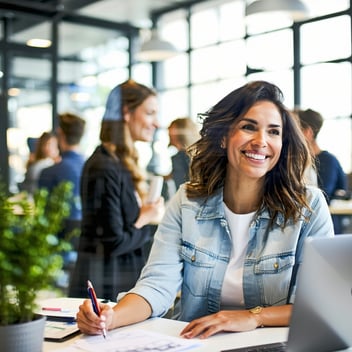 happy woman working at a desk