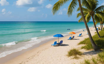 AI generated image of a beach in Florida with chairs and palm trees